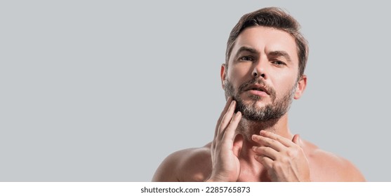 Cosmetics, body care and spa treatment. Portrait of masculinity charming shirtless man isolated over white background. Banner for header, copy space. Poster for web design. - Powered by Shutterstock