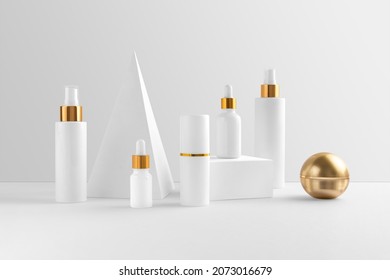 Cosmetics branding mockup template, real photo, dropper, tube, blank isolated on white background to place your design.