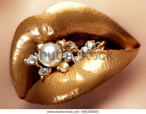 Cosmetics Makeup Closeup Gold Artistic Lips Stock Photo (Edit Now ...