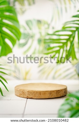 Cosmetics product advertising stand. Exhibition wooden podium on green background with palm leaves and shadows. Empty pedestal to display product packaging. Mockup
