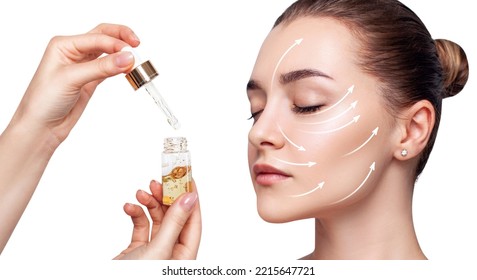 Cosmetics serum near face of young woman with lifting arrows. - Shutterstock ID 2215647721