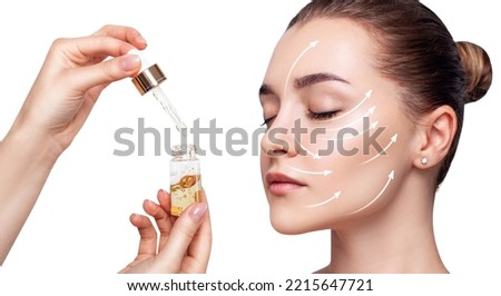 Cosmetics serum near face of young woman with lifting arrows.