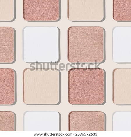 Cosmetics texture pattern, makeup palette pastel neutral color eye shadow, square eye powder swatches. Female cosmetic and beauty products, aesthetic minimal beauty photo, shimmer eyeshade, above view