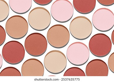 Cosmetics texture pattern, Neutral brown beige eye shadow makeup palette, round eye powder swatches. Female cosmetic and beauty products, aesthetic minimal beauty photo, natural eyeshade, above view