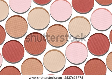 Cosmetics texture pattern, Neutral brown beige eye shadow makeup palette, round eye powder swatches. Female cosmetic and beauty products, aesthetic minimal beauty photo, natural eyeshade, above view