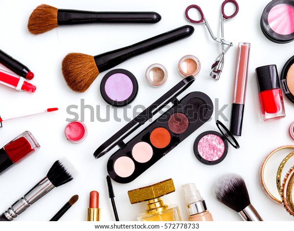 Cosmetics Top View On White Table Stock Photo (Edit Now) 572778733