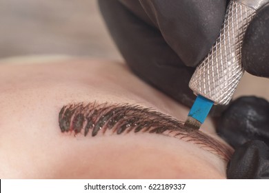Cosmetologist applying permanent make up on eyebrows. Permanent tattooing of eyebrows.