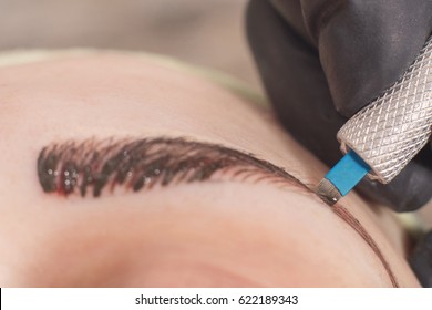 Cosmetologist applying permanent make up on eyebrows. Permanent tattooing of eyebrows.