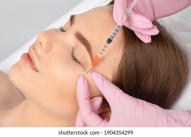 Cosmetologist Makes Rejuvenating Anti Wrinkle Injections On The Face Of A Beautiful Woman. Female Aesthetic Cosmetology In A Beauty Salon.