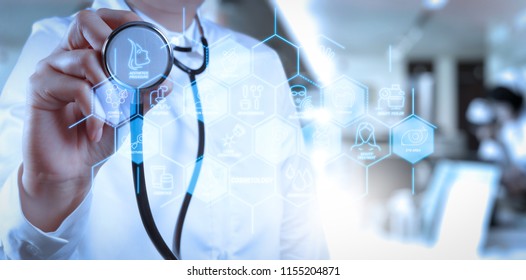 Cosmetology process with Beauty therapy,bodycare,healthcare,wellness treatment virtual diagram and  Correction,rejuvenation,anti-aging procedure.Medicine doctor working with modern computer interface - Shutterstock ID 1155204871
