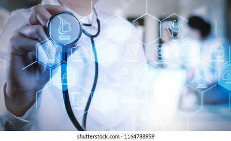 Cosmetology process with Beauty therapy,bodycare,healthcare,wellness treatment virtual diagram and  Correction,rejuvenation,anti-aging procedure.medical doctor working with stethoscope - Shutterstock ID 1164788959