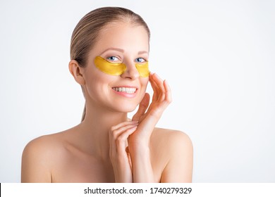 Cosmetology, Skin Care, Face Treatment, Spa And Self-care At Home Concept. Woman With Eye Gel Pads Mask. Copy Space