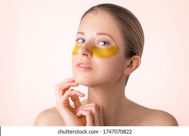 Cosmetology, Skin Care, Face Treatment, Spa And Self-care At Home Concept. Woman With Eye Gel Pads Mask. Copy Space