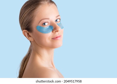 Cosmetology, Skin Care, Face Treatment, Spa And Self-care At Home Concept. Woman With Eye Gel Pads Mask. Copy Space