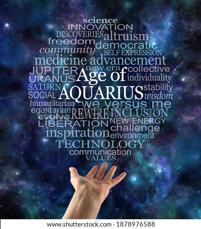 Cosmic Astrological Age of Aquarius Word Cloud - a circular word cloud relevant to the new era of Aquarius against a dark blue night sky celestial with a hand reaching up to the word bubble
         