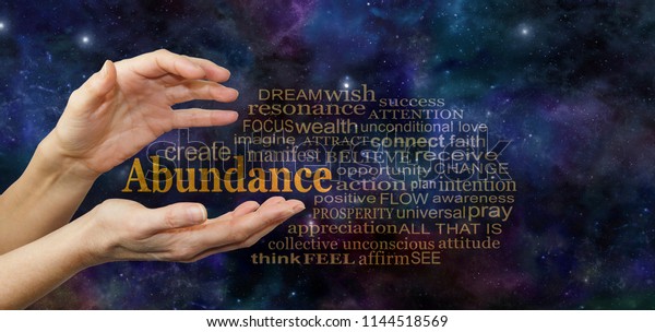 Cosmic\
Create Abundance Word Tag Cloud - female hands with the word\
ABUNDANCE floating between surrounded by a relevant word cloud\
against a deep space blue starry night\
sky\
