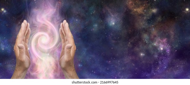 Cosmic Energy Healer channeling Vortex Message Banner - male parallel hands with a double fibonacci spiral between against dark blue night sky deep space background with space for text
				