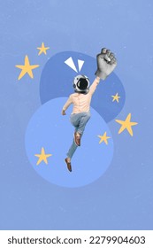 Cosmic magazine template collage of motivated person spaceman flying up outer universe through stars with fist