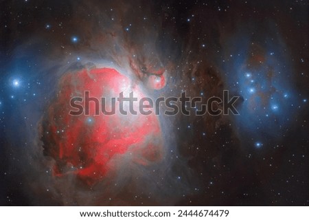 Cosmic Orion Nebula. Photo of a real cosmos through a telescope. Soft focus. Foggy objects. stars all over the frame.