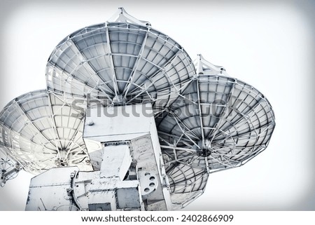 Cosmic radar isolated, three radars, dish antenna, technology, dish, signal detector, transmitter, receiver, radio radar 