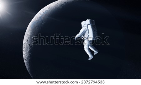 Cosmonaut is flying in outer space on Moon background. Elements of this image furnished by NASA. 