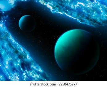 Cosmos and planets, abstract background. Colorful space with exoplanets and nebulae. Beautiful planetary system with clusters of stars. - Shutterstock ID 2258475277