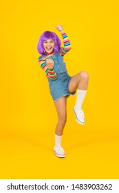 Cosplay Character Concept. Culture Hobby And Entertainment. Cosplay Outfit. Otaku Girl In Wig Smiling On Yellow Background. Happy Childhood. Anime Fan. Cosplay Kids Party. Child Cute Cosplayer.