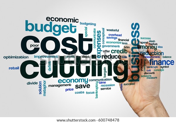Cost\
cutting word cloud concept on grey\
background.