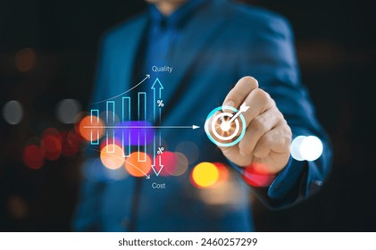 Cost efficient and quality control concept. Businessman with virtual quality control growth graph and cost reduction lower. Cost optimization for product or service to improve business risk solution 