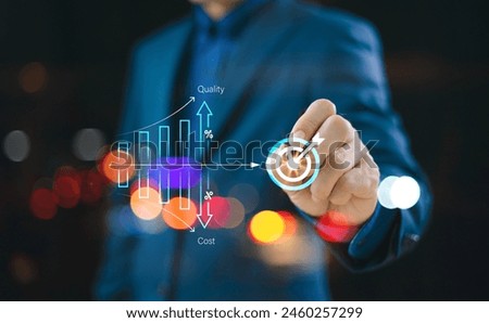 Cost efficient and quality control concept. Businessman with virtual quality control growth graph and cost reduction lower. Cost optimization for product or service to improve business risk solution 