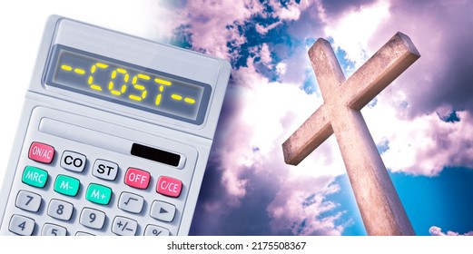 The Cost Of Faith - The Price Of Faith Concept With Christian Cross Against A Dramatic Cloudy Sky And Calculator