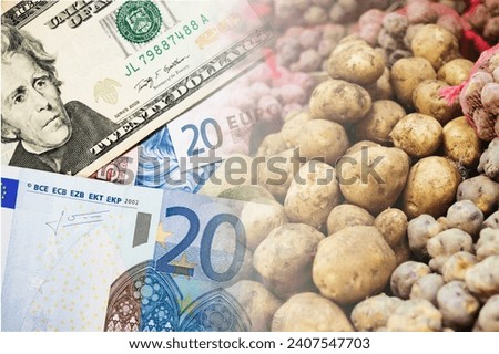 Cost of food background. Price of potatoes background. Cash money banknotes and stacked potatoes on a market. Financial background. Home food budget. Rising prices of vegetables.