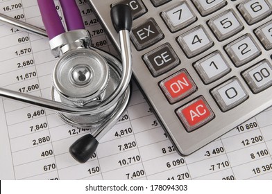 Cost Of Health Care Concept, Stethoscope And Calculator On Document