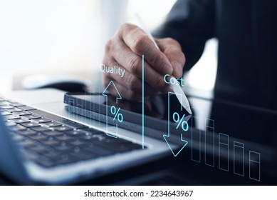 Cost and quality control, business strategy and project management concept. Businessman working on digital tablet with quality control growth graph and cost reduction, effective business - Shutterstock ID 2234643967
