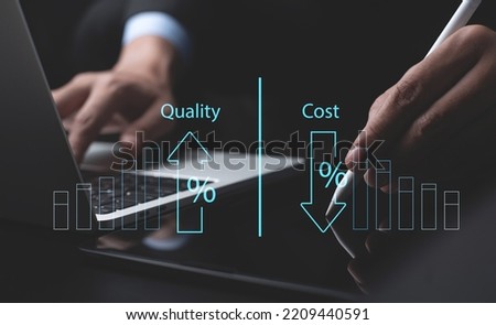 Cost and quality control, business strategy and project management concept. Businessman working on digital tablet computer with quality control growth graph and cost reduction, effective business