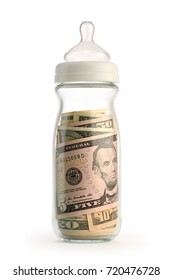 Cost Of Raising A Child Concept. Isolated Baby Bottle Filled With Money.