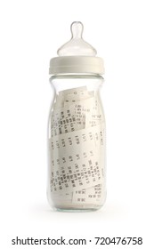 Cost Of Raising A Child Concept. Isolated Baby Bottle Filled With Receipts.