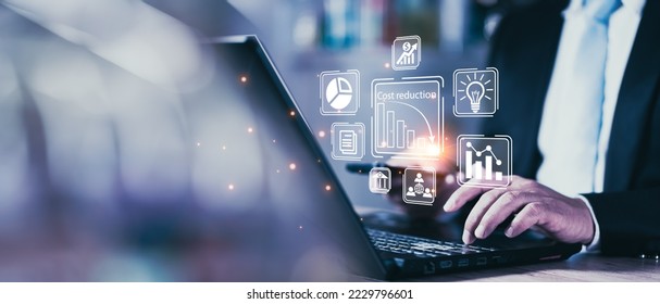 Cost reduction business finance concept on virtual screen. Costs reduction, costs cut, costs optimization business concept. Businessman draw simple graph with descending curve. - Shutterstock ID 2229796601