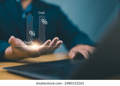 Cost reduction concept. Quality increase and cost optimization for products or services to improve and enhance company performance. Successful corporate strategy and management. Effective business.
