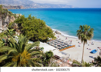 Costa del Sol beach in resort town of Nerja at the Mediterranean Sea in southern Spain