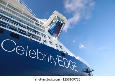 COSTA MAYA, MEXICO - DECEMBER 13, 2018: New cruise ship liner Celebrity Edge docked in tropical port during sunny day