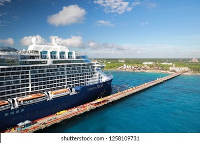COSTA MAYA, MEXICO - DECEMBER 13, 2018: New cruise ship liner Celebrity Edge docked in tropical port during sunny day