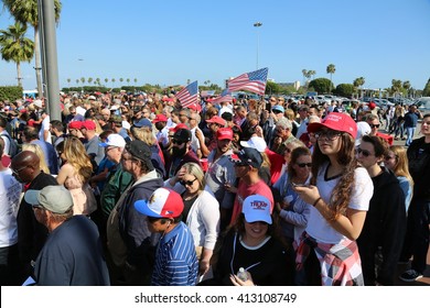 Costa Mesa, CA - April 28, 2016: Estimated 31,000 supporters of republican presidential candidate Donald Trump, cheer and wait patiently in line to hear his speech at a rally at the Costa Mesa CA.

