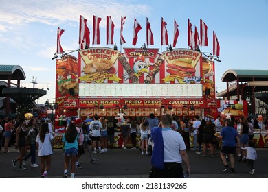 Costa Mesa, California, USA - July 20, 2022: Orange County Fair In Costa Mesa, California. Chicken Charlies Deep Fried Exotic Food Stand. Everything Deep Fried From Dinner To Desserts. Fun Foods.