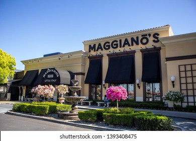 Costa Mesa, California/United States - 04/18/2019: A Store Front Sign For The Italian Restaurant Known As Maggiano's Little Italy