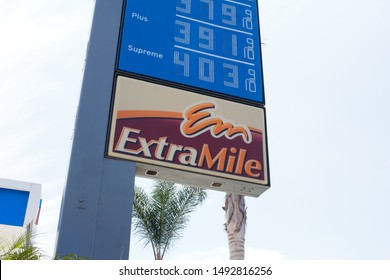 Costa Mesa, California/United States - 07/30/2019: Looking At A Street Side Sign For The Chevron Convenient Store Known As Extra Mile