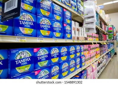 Costa Mesa, California/United States - 09/22/2019: A View Of The Tampon Aisle At The Grocery Store, Featuring Products By Tampax