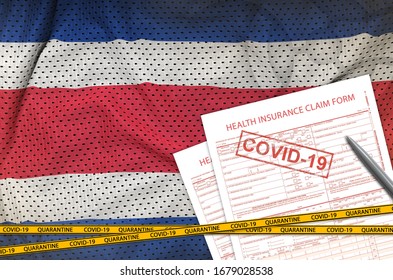 Costa Rica flag and Health insurance claim form with covid-19 stamp. Coronavirus or 2019-nCov virus concept