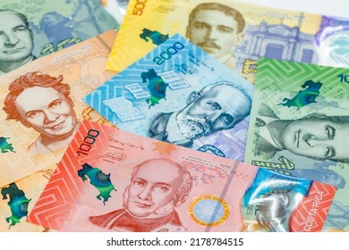 Costa Rica Money, Flat Lay, All Banknotes Scattered, Business Background