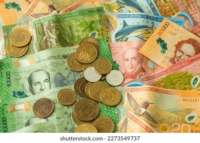 Costa Rica money, Lots of banknotes and coins, All values, Costa Rica currency colon, business financial background, close up - Shutterstock ID 2273549737